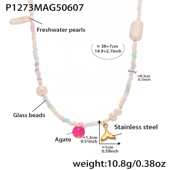 Handmade Oil Drop Flower Agate Abacus Beaded Clavicle Necklace For Girls Stainless Steel With Electroplating Geometric Shape