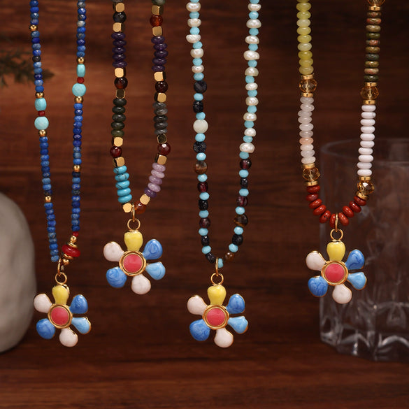 Handmade Oil Drop Flower Agate Abacus Beaded Clavicle Necklace For Girls Stainless Steel With Electroplating Geometric Shape