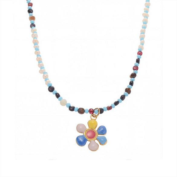 Handmade Oil Drop Flower Agate Abacus Beaded Clavicle Necklace For Girls Stainless Steel With Electroplating Geometric Shape
