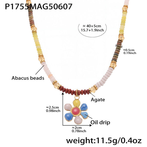 Handmade Oil Drop Flower Agate Abacus Beaded Clavicle Necklace For Girls Stainless Steel With Electroplating Geometric Shape