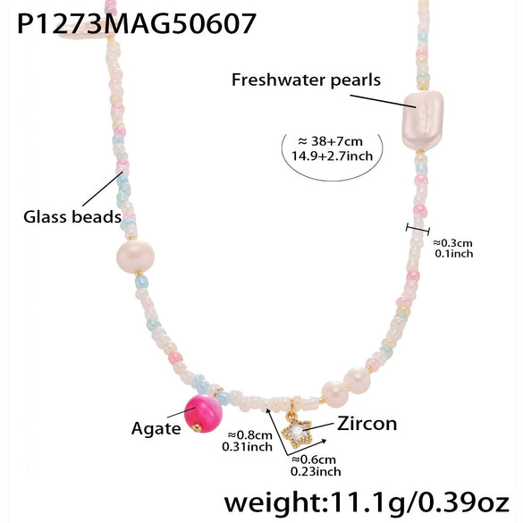 Handmade Oil Drop Flower Agate Abacus Beaded Clavicle Necklace For Girls Stainless Steel With Electroplating Geometric Shape