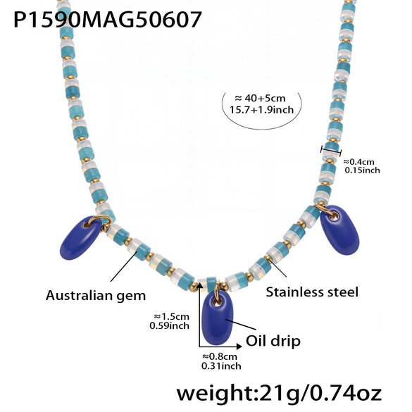 Handmade Oil Drop Flower Agate Abacus Beaded Clavicle Necklace For Girls Stainless Steel With Electroplating Geometric Shape
