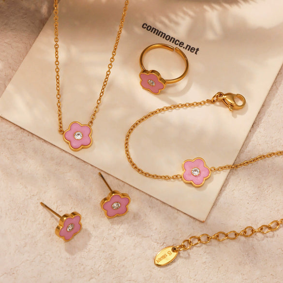 Handmade Oildropped Zircon Small Flower Stainless Steel Jewelry Set For Kids With Electroplating In Sweet Style