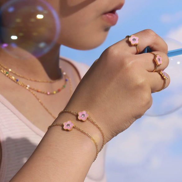 Handmade Oildropped Zircon Small Flower Stainless Steel Jewelry Set For Kids With Electroplating In Sweet Style