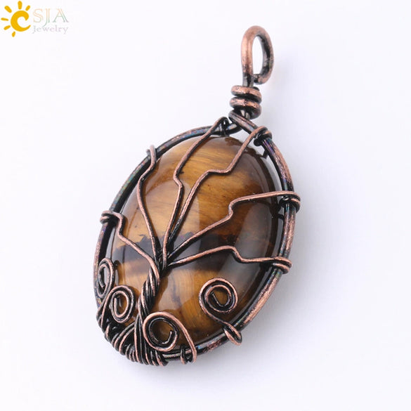 Handmade Oval Natural Amethyst And Pink Crystal Semi Precious Stone Pendant With Copper Wire Wrapped Electroplated Jewelry For Unisex