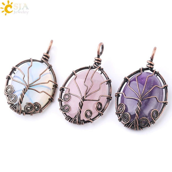 Handmade Oval Natural Amethyst And Pink Crystal Semi Precious Stone Pendant With Copper Wire Wrapped Electroplated Jewelry For Unisex