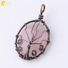 Handmade Oval Natural Amethyst And Pink Crystal Semi Precious Stone Pendant With Copper Wire Wrapped Electroplated Jewelry For Unisex