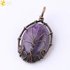 Handmade Oval Natural Amethyst And Pink Crystal Semi Precious Stone Pendant With Copper Wire Wrapped Electroplated Jewelry For Unisex