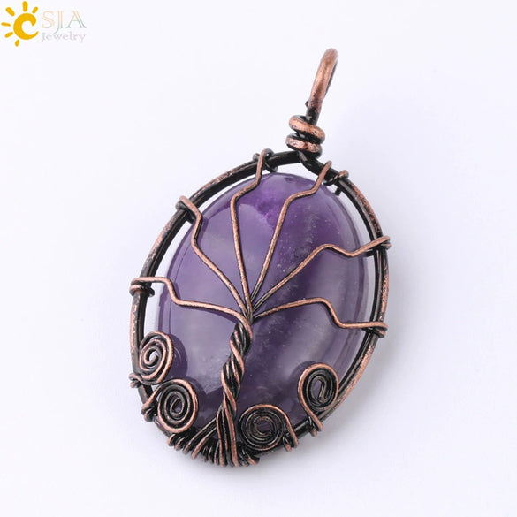 Handmade Oval Natural Amethyst And Pink Crystal Semi Precious Stone Pendant With Copper Wire Wrapped Electroplated Jewelry For Unisex