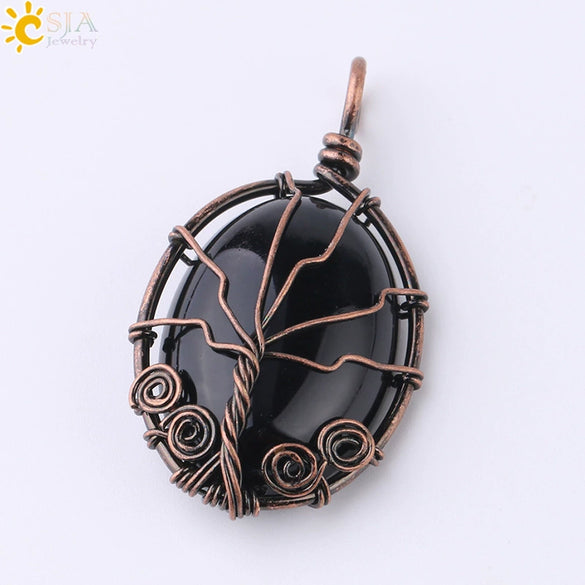 Handmade Oval Natural Amethyst And Pink Crystal Semi Precious Stone Pendant With Copper Wire Wrapped Electroplated Jewelry For Unisex