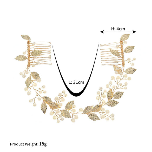 Handmade Pearl And Golden Leaf Bridal Hair Comb For Women Electroplated Wedding Headwear