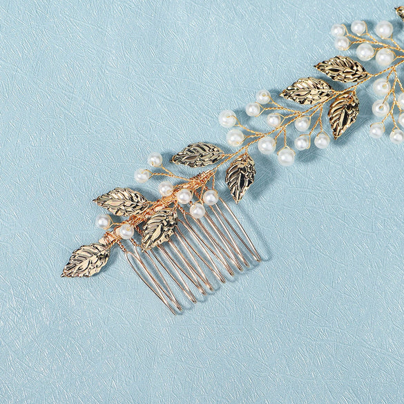 Handmade Pearl And Golden Leaf Bridal Hair Comb For Women Electroplated Wedding Headwear