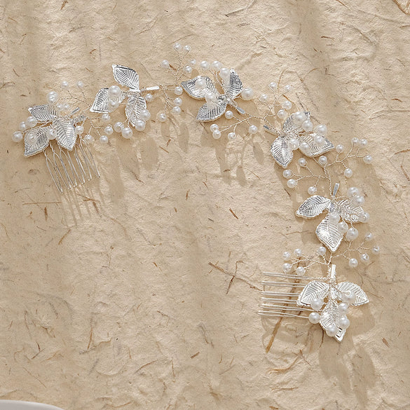 Handmade Pearl Bridal Hair Comb Pair With Leaf Design Rhombus Shape Simple Women's Bride Headdress Hair Accessories