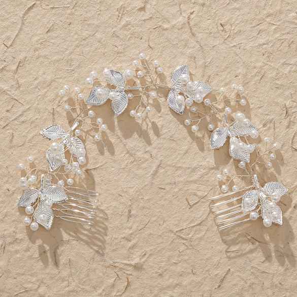 Handmade Pearl Bridal Hair Comb Pair With Leaf Design Rhombus Shape Simple Women's Bride Headdress Hair Accessories