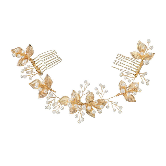 Handmade Pearl Bridal Hair Comb Pair With Leaf Design Rhombus Shape Simple Women's Bride Headdress Hair Accessories