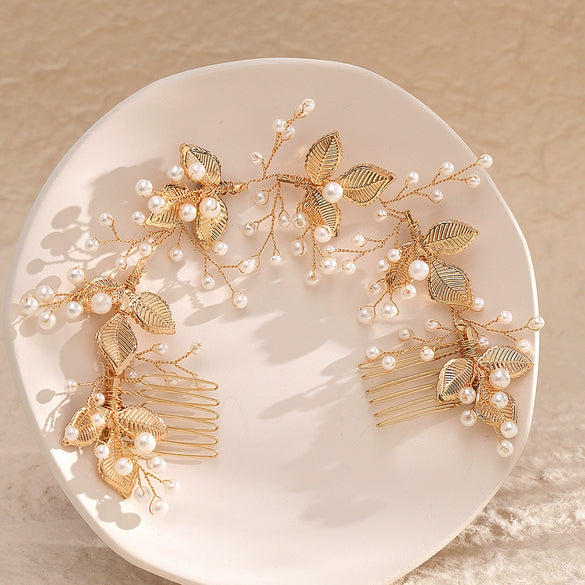 Handmade Pearl Bridal Hair Comb Pair With Leaf Design Rhombus Shape Simple Women's Bride Headdress Hair Accessories