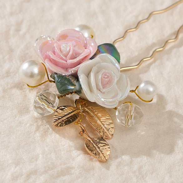 Handmade Pearl Ceramic Rose U Shaped Hairpin With Leaf Design Bridal Hair Accessory For Children