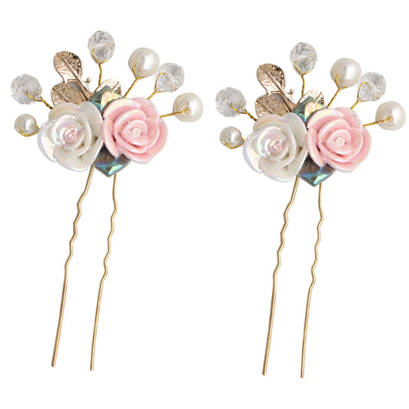 Handmade Pearl Ceramic Rose U Shaped Hairpin With Leaf Design Bridal Hair Accessory For Children