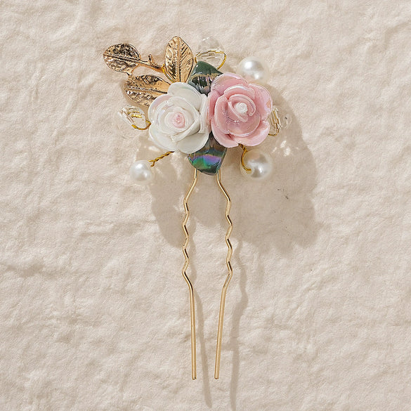 Handmade Pearl Ceramic Rose U Shaped Hairpin With Leaf Design Bridal Hair Accessory For Children
