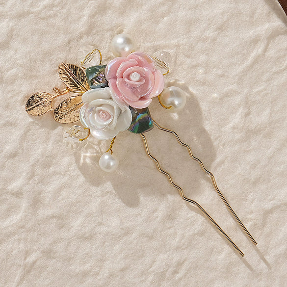 Handmade Pearl Ceramic Rose U Shaped Hairpin With Leaf Design Bridal Hair Accessory For Children
