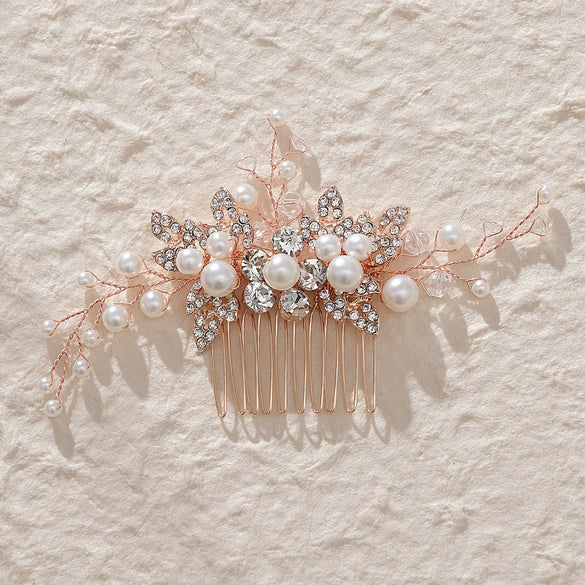Handmade Pearl Crystal Alloy Hair Comb Bridal Hair Accessory With Leaf Design For Wedding And Cheongsam Styling