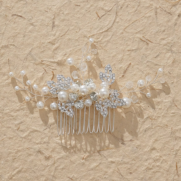Handmade Pearl Crystal Alloy Hair Comb Bridal Hair Accessory With Leaf Design For Wedding And Cheongsam Styling