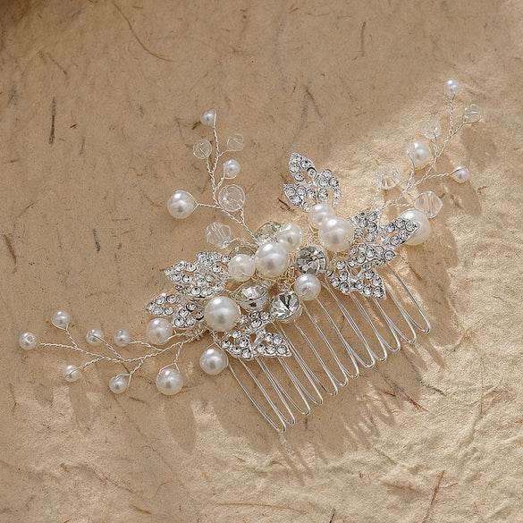 Handmade Pearl Crystal Alloy Hair Comb Bridal Hair Accessory With Leaf Design For Wedding And Cheongsam Styling