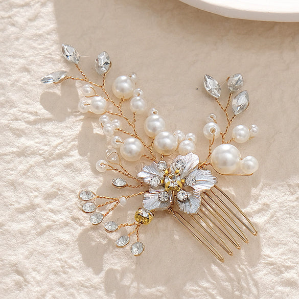 Handmade Pearl Hair Comb Alloy Rhinestone Flower Hair Accessory For Women And Children Electroplated Performance Headpiece