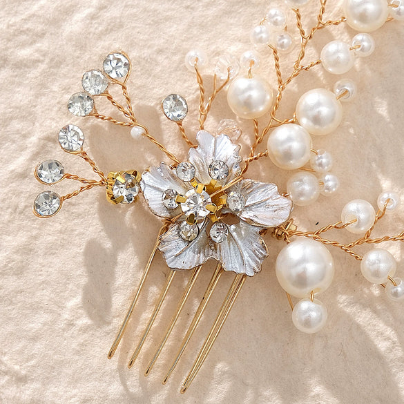 Handmade Pearl Hair Comb Alloy Rhinestone Flower Hair Accessory For Women And Children Electroplated Performance Headpiece