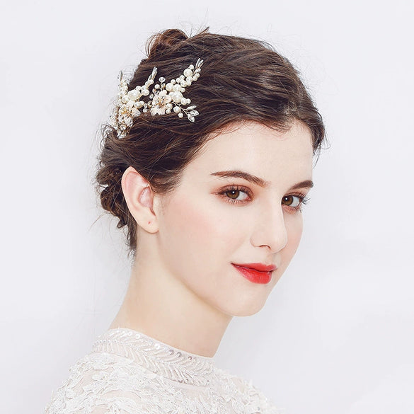 Handmade Pearl Hair Comb Alloy Rhinestone Flower Hair Accessory For Women And Children Electroplated Performance Headpiece