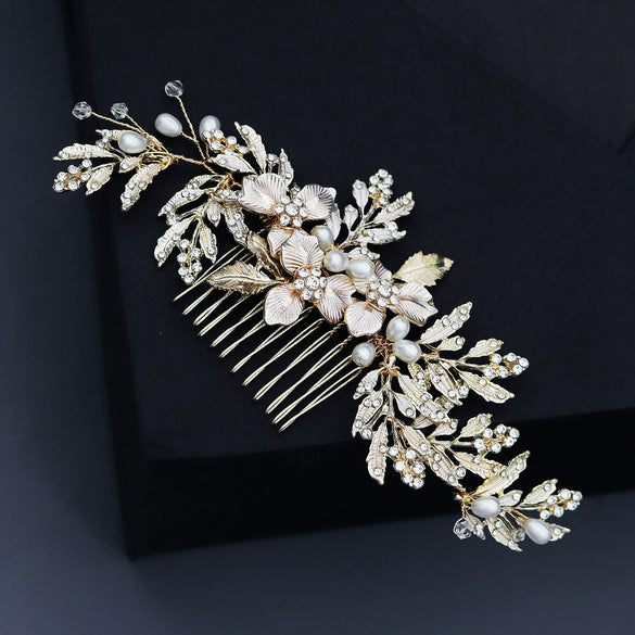 Handmade Pearl Hair Comb With Flower Leaf Design For Women As Wedding Hair Accessories