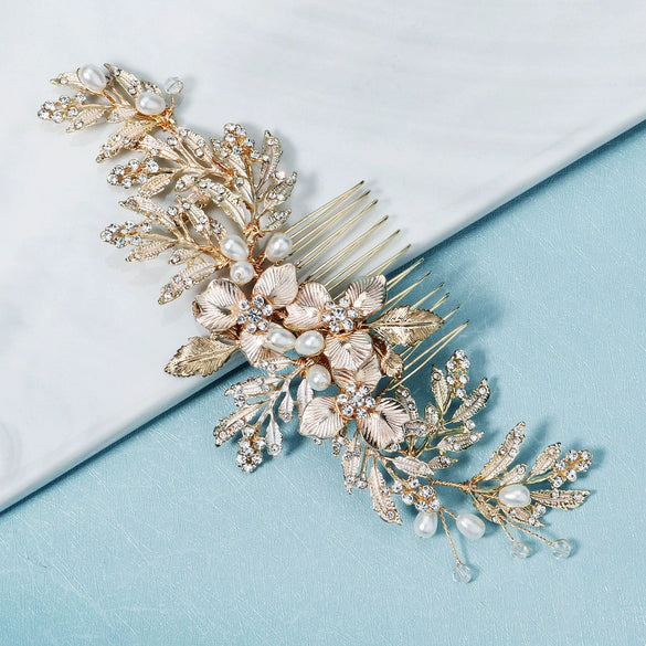 Handmade Pearl Hair Comb With Flower Leaf Design For Women As Wedding Hair Accessories