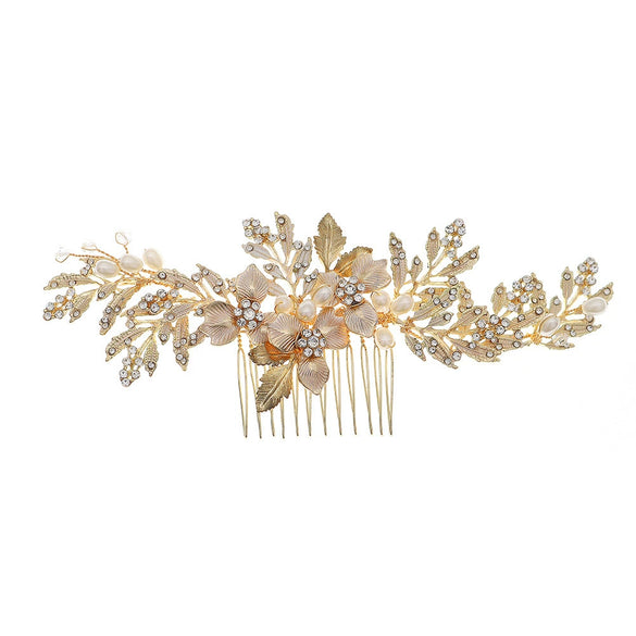 Handmade Pearl Hair Comb With Flower Leaf Design For Women As Wedding Hair Accessories