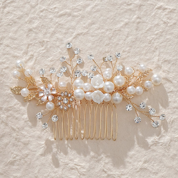 Handmade Pearl Rhinestone Alloy Flower Hair Comb Bridal Headdress Wedding Hair Accessory For Women