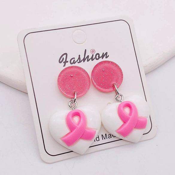 Handmade Pink Silk And Plastic Resin Heart Geometric Bow Earrings For Women