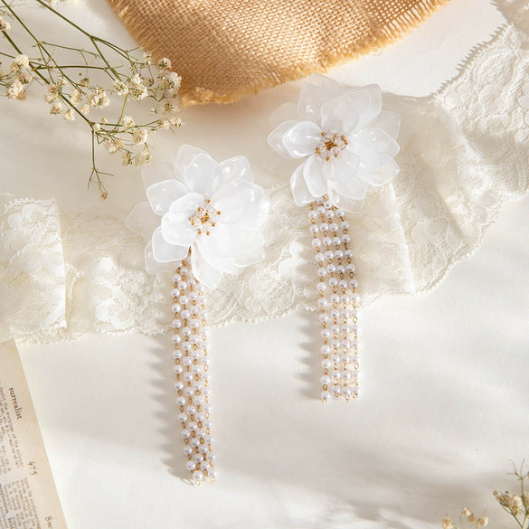Handmade Plastic And Resin Flower Long Tassel Imitation Pearl Earrings For Women