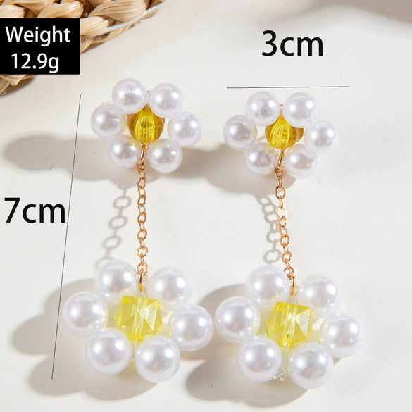 Handmade Plastic And Resin Flower Long Tassel Imitation Pearl Earrings For Women