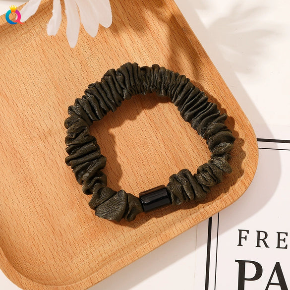 Handmade Pleated Fabric Scrunchie Ponytail Holder With Ball Detail For Women Solid Color Hair Tie