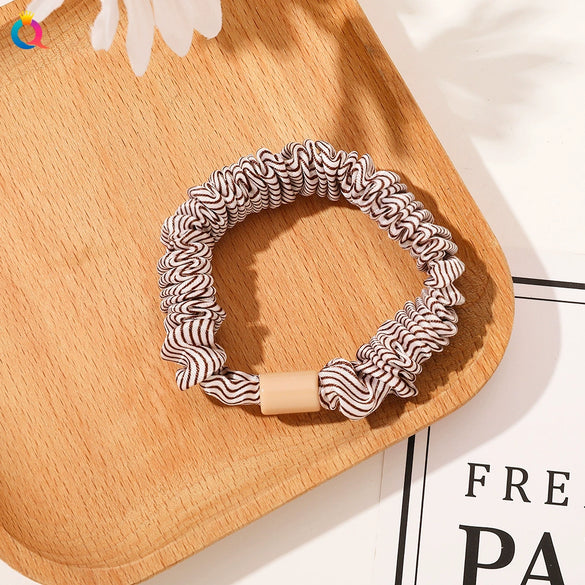 Handmade Pleated Fabric Scrunchie Ponytail Holder With Ball Detail For Women Solid Color Hair Tie