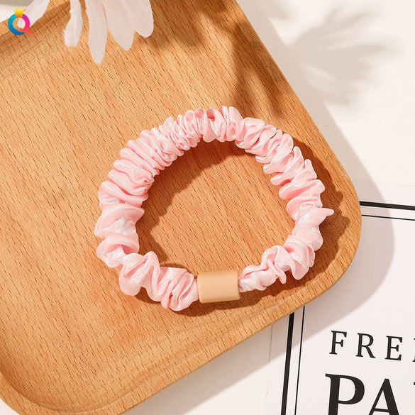 Handmade Pleated Fabric Scrunchie Ponytail Holder With Ball Detail For Women Solid Color Hair Tie