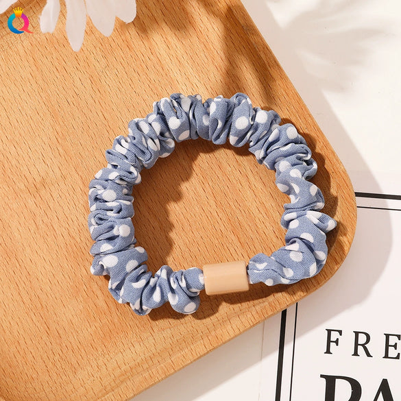 Handmade Pleated Fabric Scrunchie Ponytail Holder With Ball Detail For Women Solid Color Hair Tie