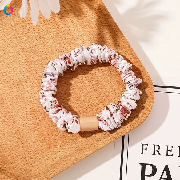 Handmade Pleated Fabric Scrunchie Ponytail Holder With Ball Detail For Women Solid Color Hair Tie