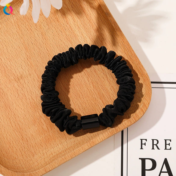 Handmade Pleated Fabric Scrunchie Ponytail Holder With Ball Detail For Women Solid Color Hair Tie