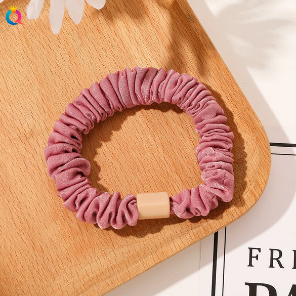 Handmade Pleated Fabric Scrunchie Ponytail Holder With Ball Detail For Women Solid Color Hair Tie