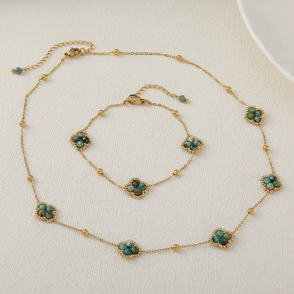 Handmade Plum Blossom Tourmaline Bluegreen Lapis Lazuli African Pine Stainless Steel Copper Pendant Necklace And Bracelet For Women