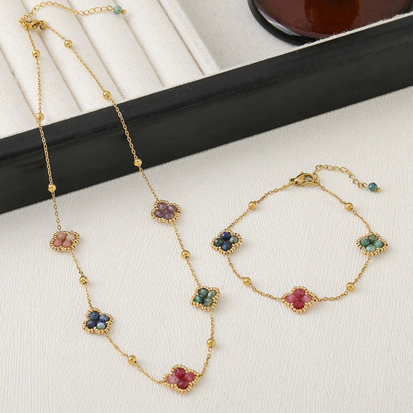 Handmade Plum Blossom Tourmaline Bluegreen Lapis Lazuli African Pine Stainless Steel Copper Pendant Necklace And Bracelet For Women