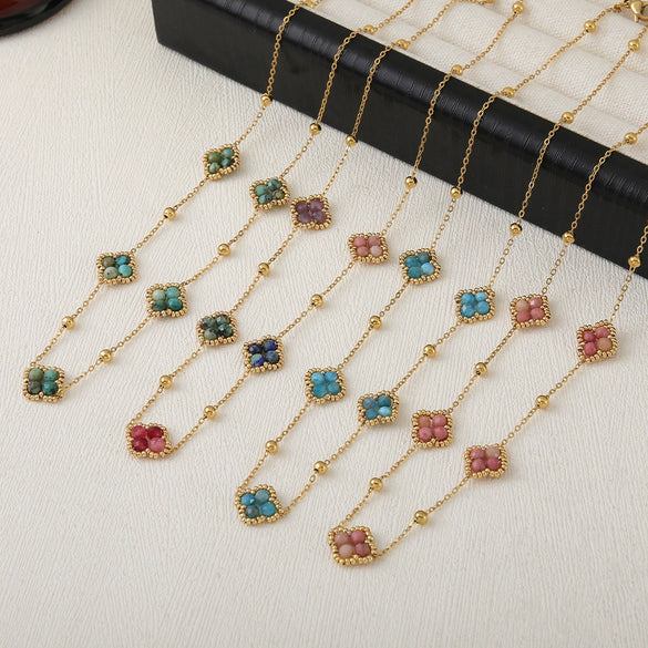 Handmade Plum Blossom Tourmaline Bluegreen Lapis Lazuli African Pine Stainless Steel Copper Pendant Necklace And Bracelet For Women