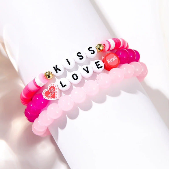 Handmade Polymer Clay Heart Bracelets For Girls With Letters Numbers Text Pattern As Valentine's Day Gifts