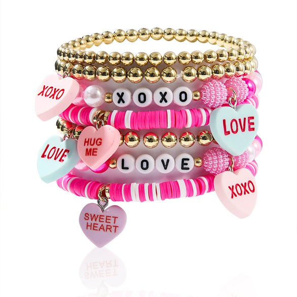 Handmade Polymer Clay Heart Bracelets For Girls With Letters Numbers Text Pattern As Valentine's Day Gifts