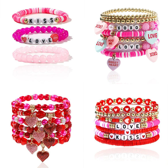 Handmade Polymer Clay Heart Bracelets For Girls With Letters Numbers Text Pattern As Valentine's Day Gifts